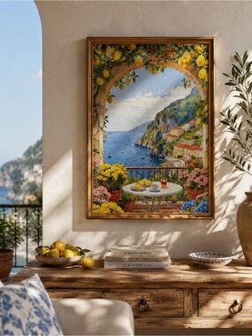 Mediterranean Coastal Lemon Terrace Canvas Wall Art 40x60cm(15.75x23.62in) Print